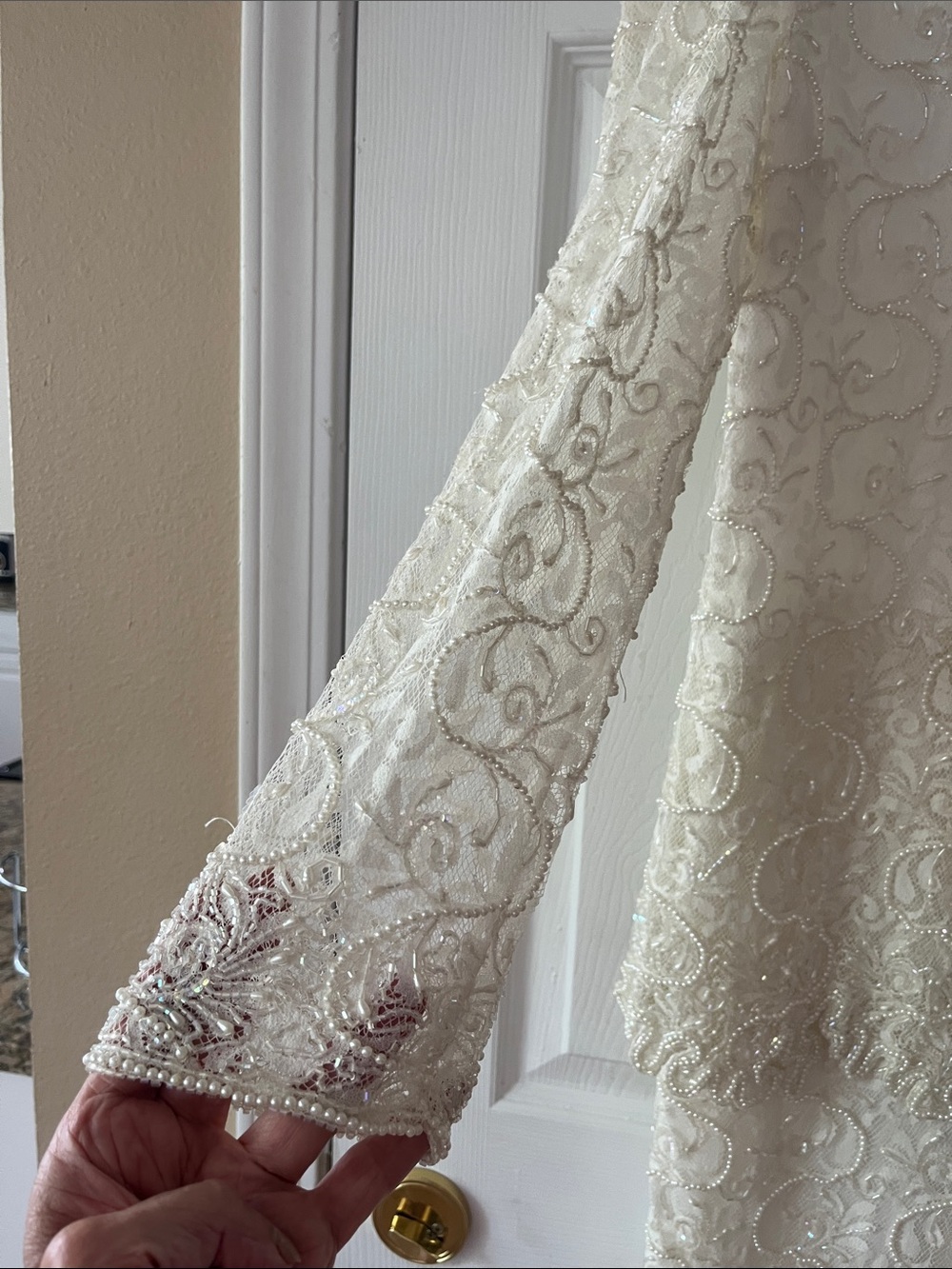 Laurence Kazar Ivory Lace Long-Sleeve & Beautifully Embroidered W/ Pearl Dress - Picture 3 of 6